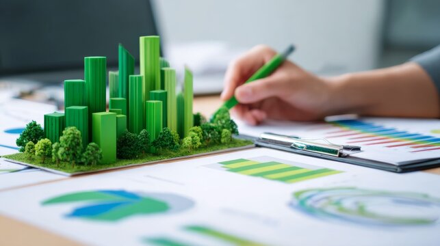 Creative planning for sustainable urban development with detailed models and charts in a modern workspace