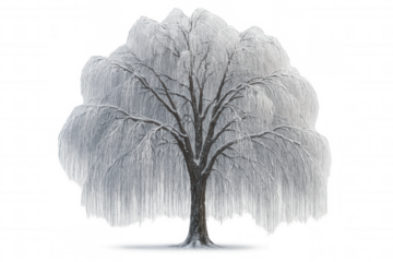 Weeping willow tree in winter, branches and leaves covered with snow and frost, natural cold season scene