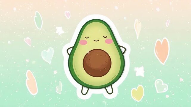 A friendly cartoon avocado with hearts and stars on a pastel background