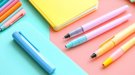 Fototapeta premium A vibrant flat lay composition featuring colorful pens, notebooks, and stationery items arranged on a pastelcolored surface, creating a cheerful and creative workspace