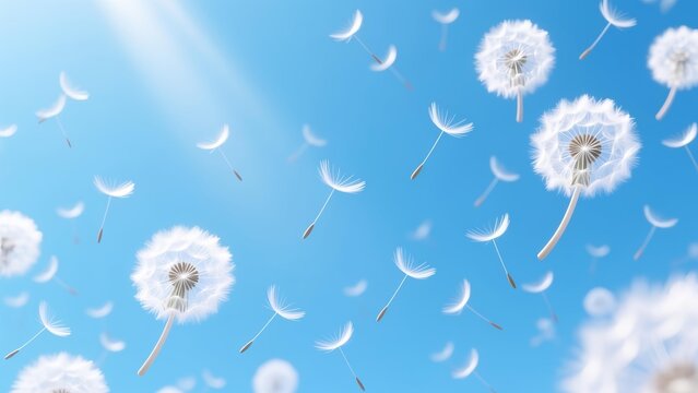 A dreamy digital illustration of fluffy dandelion seeds blowing in the wind against a clear summer sky with sun rays