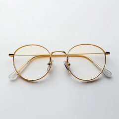Elegant goldrimmed round glasses isolated on white background, showcasing a classic and sophisticated design with clear lenses and subtle details