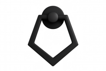 Dark grey metal ring door knocker with modern geometric design, architectural element, transparent background