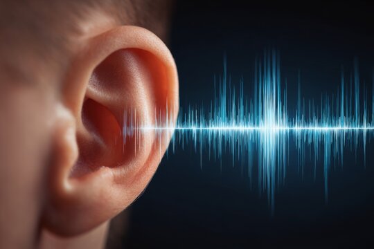 Sound wave visualization near the human ear in a dark environment showing the connection between hearing and sound