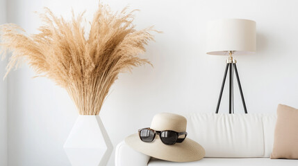 Chic interior with pampas grass, a white sofa, a hat, and a lamp, creating a stylish and inviting space, isolated on white background