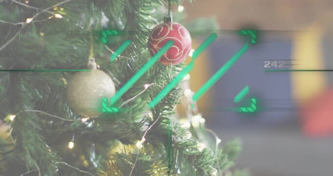 Digital overlay starting on Christmas tree branch, scanning baubles, capturing metrics for analysis