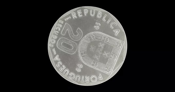 Obverse of pre-euro Portugal coin 20 escudos 1999, isolated in black background. Loopable animation in 4k resolution video