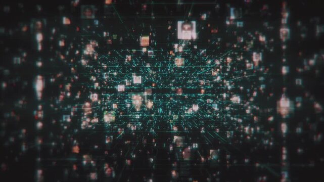 artificial intelligence concept of a social network with a flood of people portraits moving along blue network connections in black cyberspace background. Business, technology or social media motion