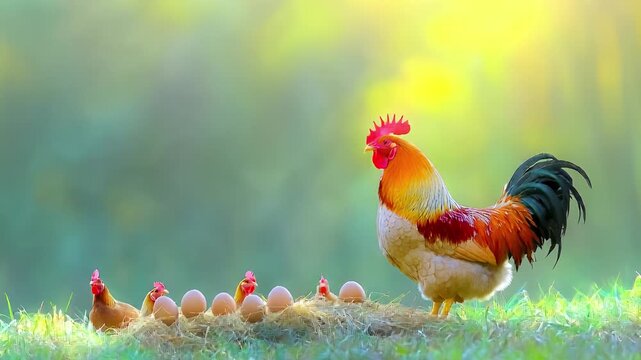 A cute red and white rooster on the farm with feathers and a beak, a perfect poultry animal illustration
