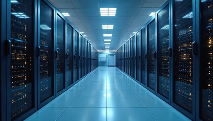 Server room with modern equipment rows. Data center containing computer hardware. Network, digital infrastructure for cloud computing, data storage. engineers use datacenter for maintenance