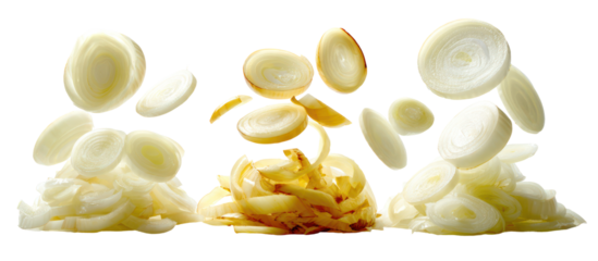 Fresh onion chili ginger whole half quarter eighth slices on transparent background