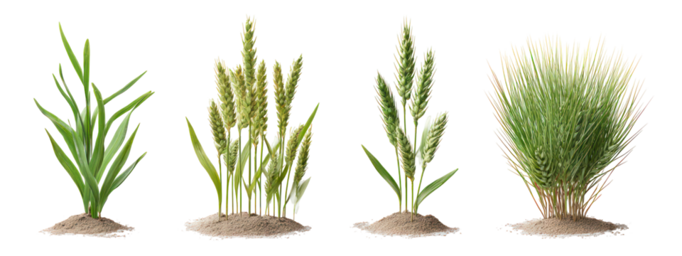 Sets of wheat plants showing seedling, vegetative, flowering stages on transparent background