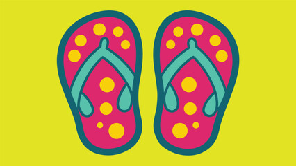 Vector art of a pair of pink flip flops with yellow polka dots on a yellow background evokes a sense of summer fun and relaxation