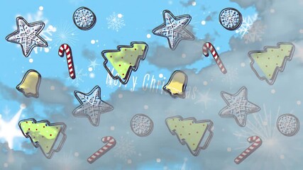 After red wash fading, Christmas icons drifting over animated backdrop, greeting message appearing - Powered by Adobe