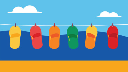 Vector art of six colorful flip flops hanging on a clothesline against a blue sky, creating a cheerful and summery beach vacation vibe