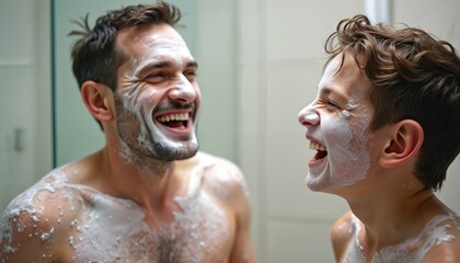 Happy father, son fun in bathroom together. Man, boy covered in soap suds, laughing, smiling. Fatherhood, childhood, bonding moment, playful atmosphere, family time, hygiene routine, bath time,
