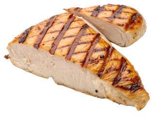 Grilled chicken slice with charred lines and juicy meat, transparent background