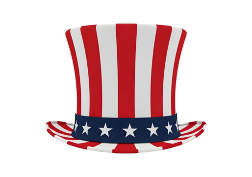 Iconic Uncle Sam top hat with red white blue stripes and stars, perfect for patriotic celebrations and USA themes