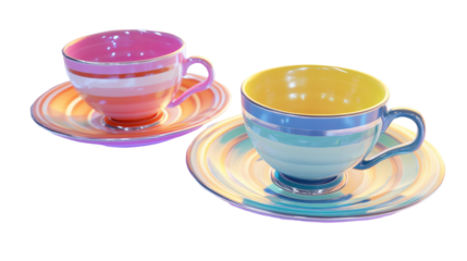 Haunted house ride and spinning teacups side by side on transparent background