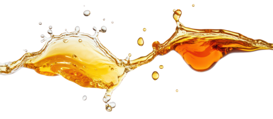 Honey splash and maple syrup splash side by side on transparent background