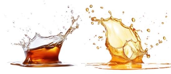 Honey splash and maple syrup splash side by side on transparent background