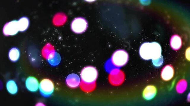 Black field filling with colored orbs drifting over starry backdrop forming halo for tech scene