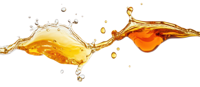 Honey splash and maple syrup splash side by side on transparent background