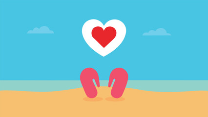 Vector art of a loving beach scene with sandals on the sand and a heart in the sky, symbolizing love, vacation, and summer romance