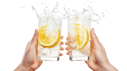 Lemon soda two hands holding two glasses side by side overhead on transparent background