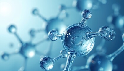 Molecular structure with transparent glassy atoms connected by bonds. Crystal clear blue molecular model in 3D rendering. Science, technology background with shiny particles. Modern minimal elegant