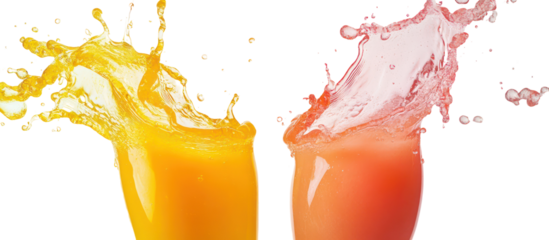 Mango juice splash and peach juice splash side by side overhead on transparent background