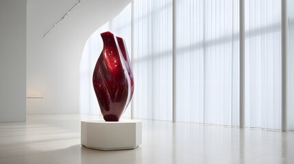Glossy red sculpture on pedestal in sunlit modern gallery.