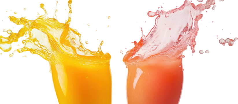 Mango juice splash and peach juice splash side by side overhead on transparent background