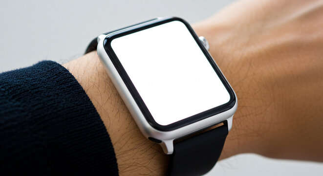 Smartwatch mockup with blank screen on man's wrist for design placement