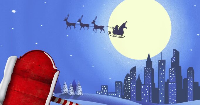 Reindeer appearing by moon pulling sleigh, board rising rotating revealing blank space for message