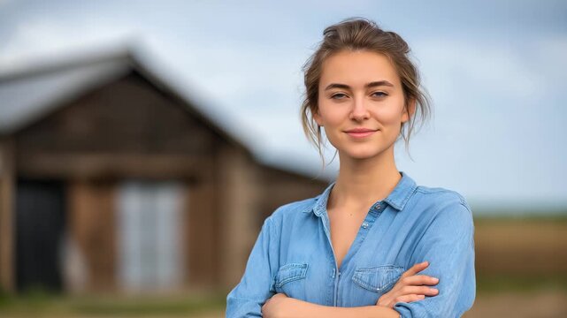 Confident young rural female standing with arms crossed on a farm. Portrait of a woman in a denim shirt with a rustic barn in the background. Modern agriculture and small business concept