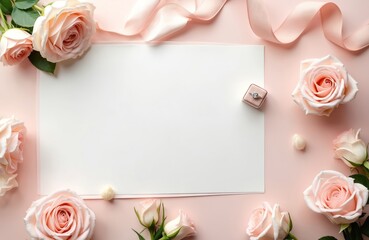 Blush wedding background with copy space, garden roses. Pink roses surround white card. Diamond ring in pink box on right. Ribbon, flowers on pink surface. Romantic feminine layout for invitation