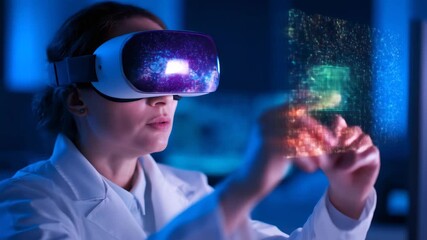 Woman scientist using virtual reality headset to analyze futuristic medical data on a holographic interface for health simulation footage - Powered by Adobe