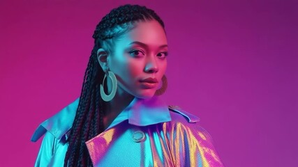 Stylish woman with braids posing in a futuristic iridescent coat. High fashion model in vibrant pink and blue neon light. Modern beauty and confidence concept - Powered by Adobe