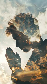 A man's silhouette in prayer against a dramatic sky with cloud layers and sun rays.