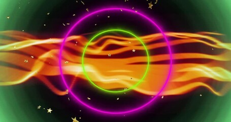 Opening on black backdrop orange waveform undulating neon rings rotating stars drifting for design - Powered by Adobe