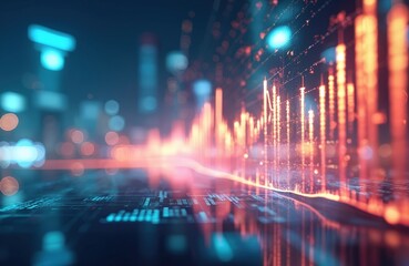Abstract glowing digital stock market graph with city lights and index numbers. Futuristic financial data analysis with bokeh effect, representing global economy and technology. Blue and orange neon.