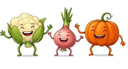 Cheerful cartoon cauliflower, onion, and pumpkin characters joyfully wave together in vibrant color.