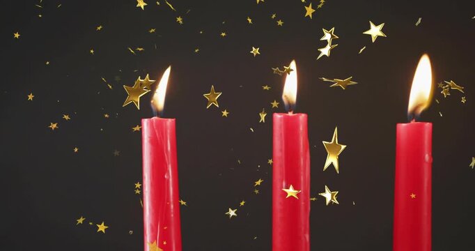 Golden stars drifting over dark backdrop while candles sliding in and lighting to build display