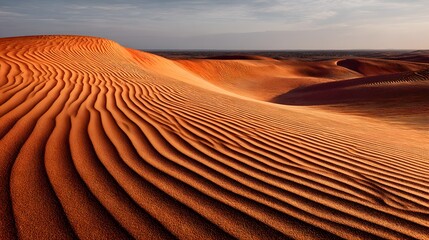 Naklejka premium Rippling golden sand dunes under a vast sky.