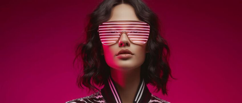 A futuristic fashion model wearing glowing neon shutter sunglasses. Stylized portrait with a slow zoom on a pink background. Cyberpunk and retro 80s aesthetic concept