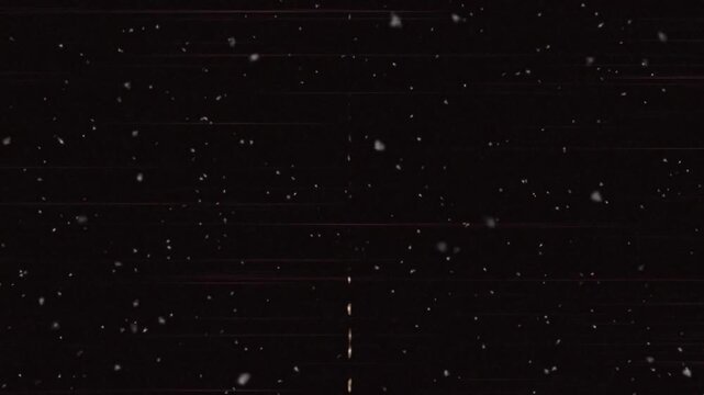 Opening black frame flickering lines with scratch and drifting noise specks creating static effect