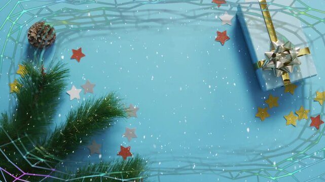 Hologram shimmering initiating decor flowing around branch cone confetti giftbox with snow drifting