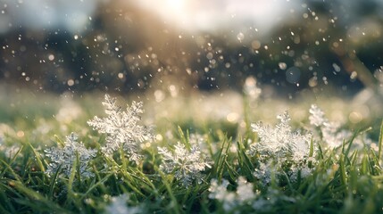 Obraz premium Delicate snowflakes rest on green grass as gentle snow falls.