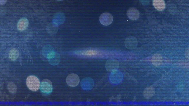 Each second glitch lines shifting over static blurred light orbs, creating subtle digital motion